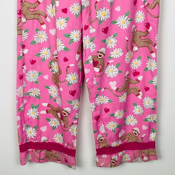 Nick & Nora Pink Sock Monkey Flower Print Flannel PJ Pajama Pants, Size S - Picture 2 of 12